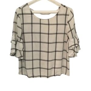 White and gray black grid top, size small, back cut out, flare sleeves
